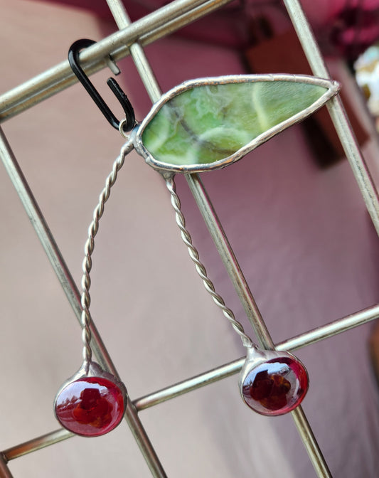 Cherries Made from Nugget Glass with Light Green Mottled Stained Glass Leaf