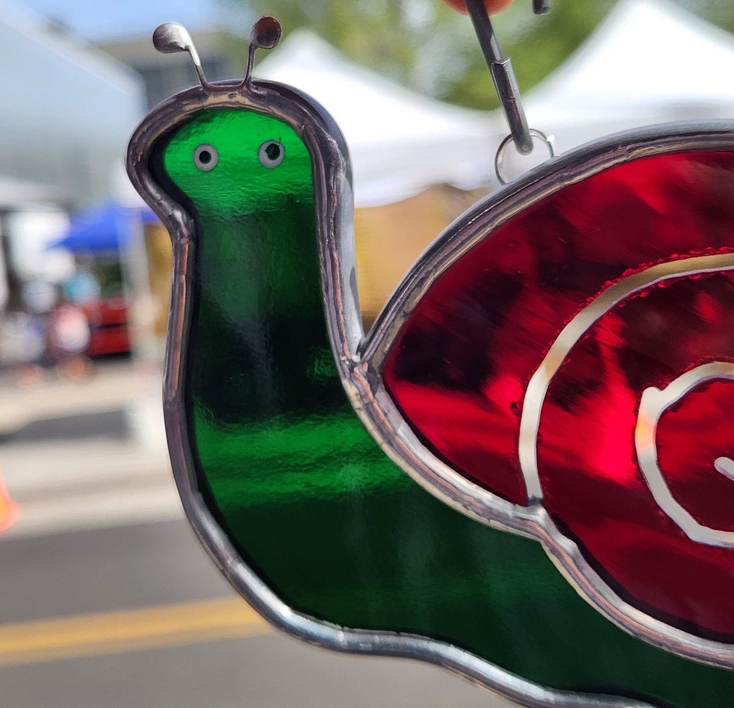 Green & Red Waterglass Stained Glass Hanging Snail