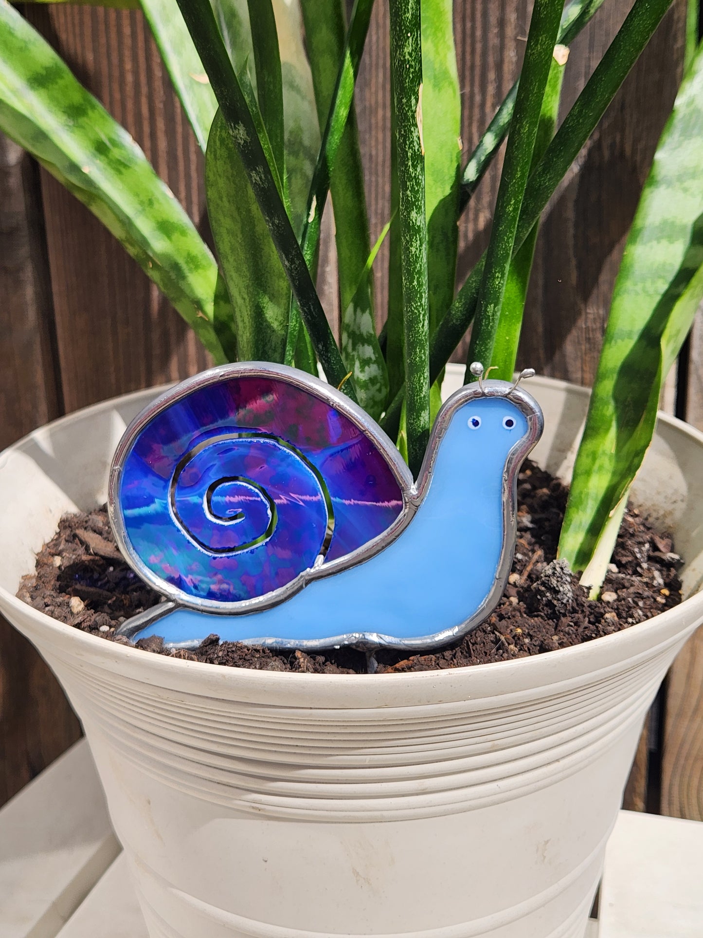 Sky Blue & Dark Blue Iridescent Stained Glass Snail Plant Stake