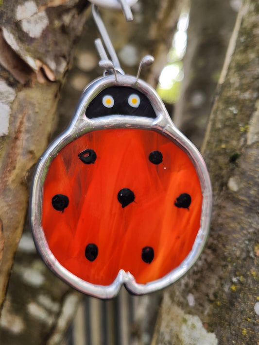 Small Round Hanging Red-Orange Stained Glass Ladybug