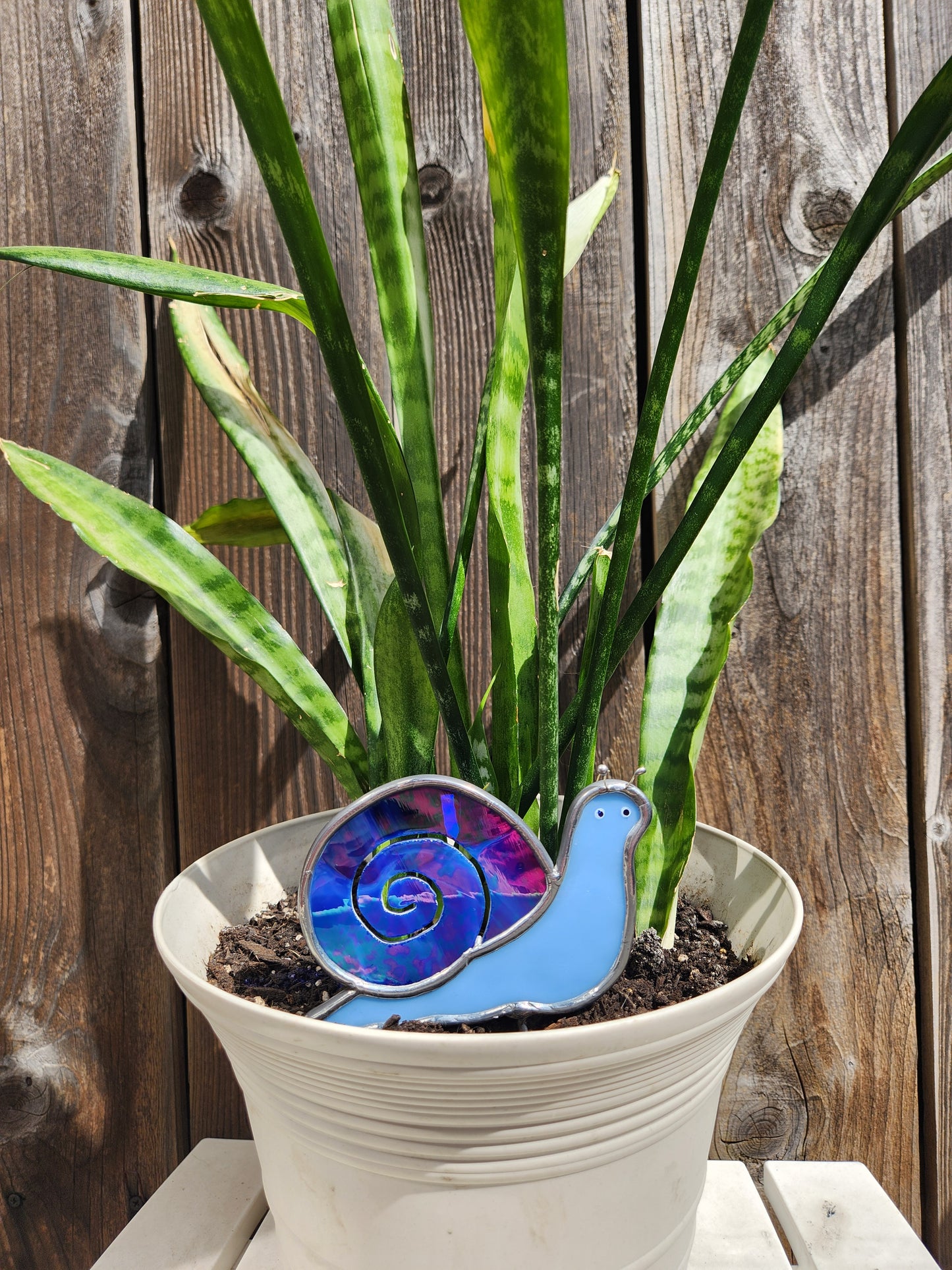 Sky Blue & Dark Blue Iridescent Stained Glass Snail Plant Stake