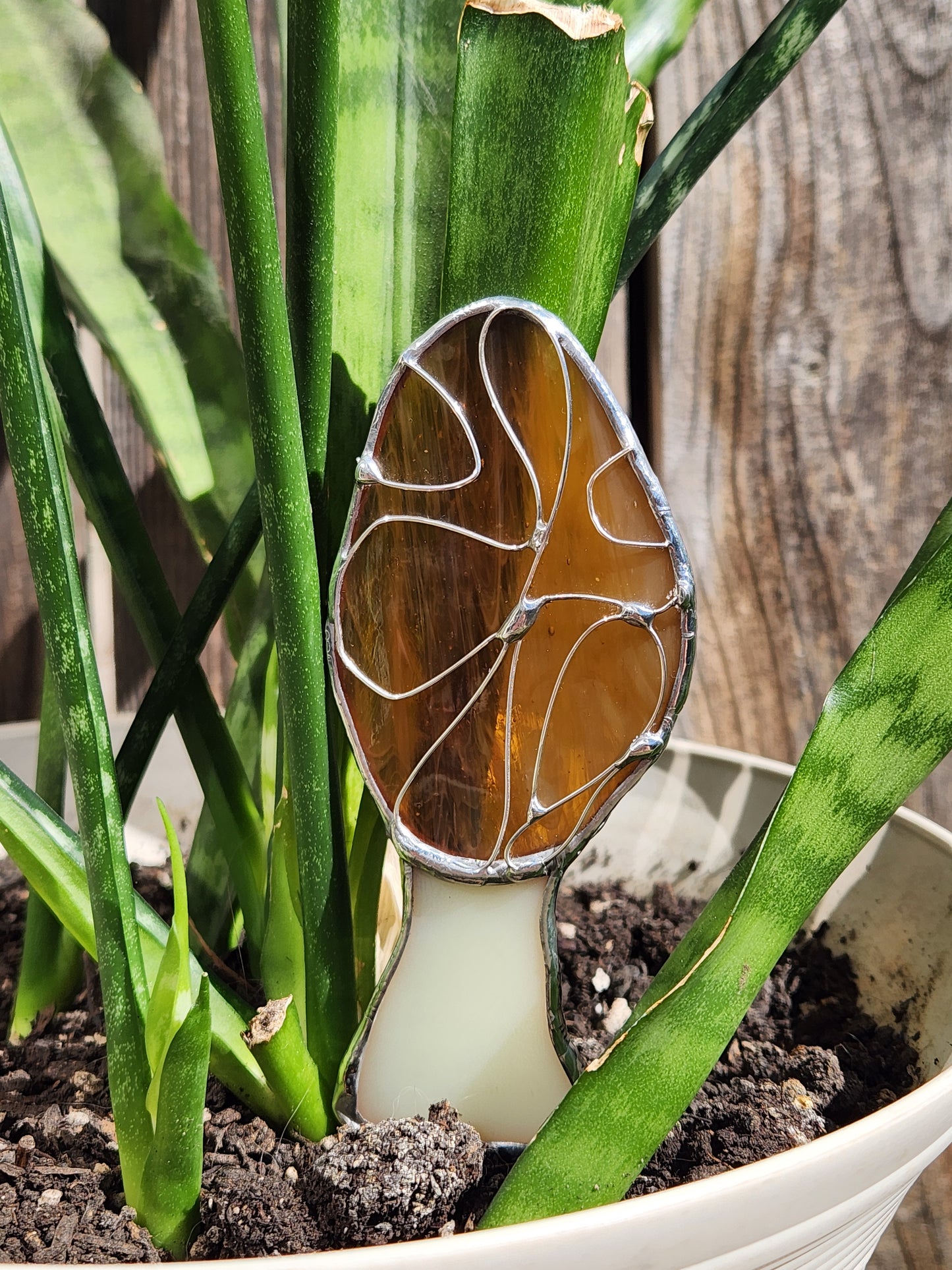 Life-Sized Morel Mushroom Stained Glass Plant Stake