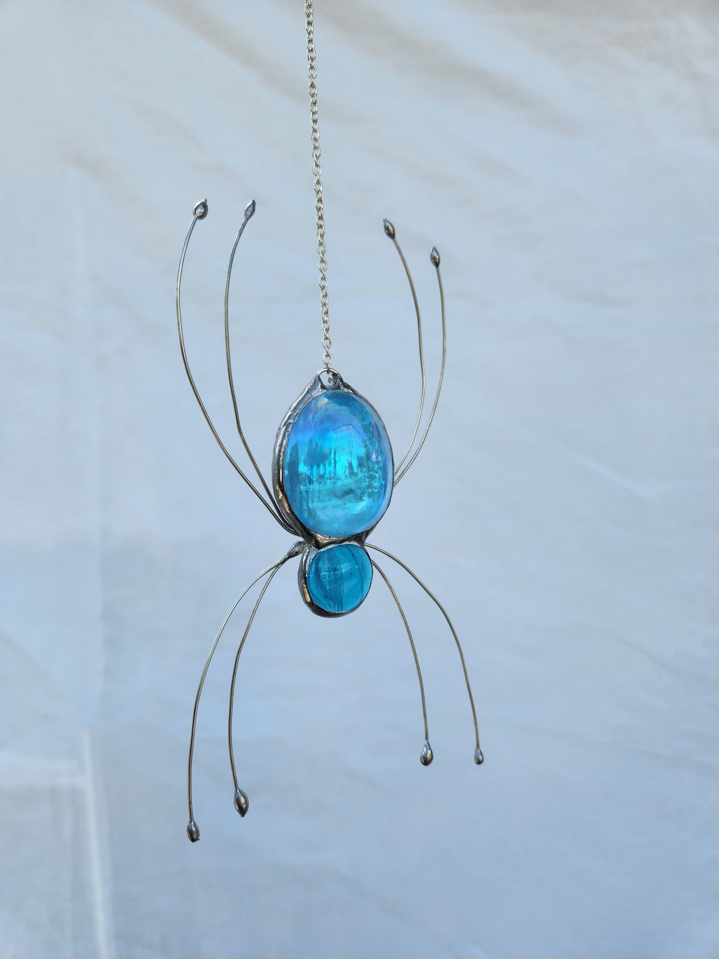 Hanging Light Blue Stained Glass Spider