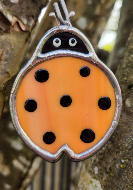 Small Round Hanging Orange Stained Glass Ladybug