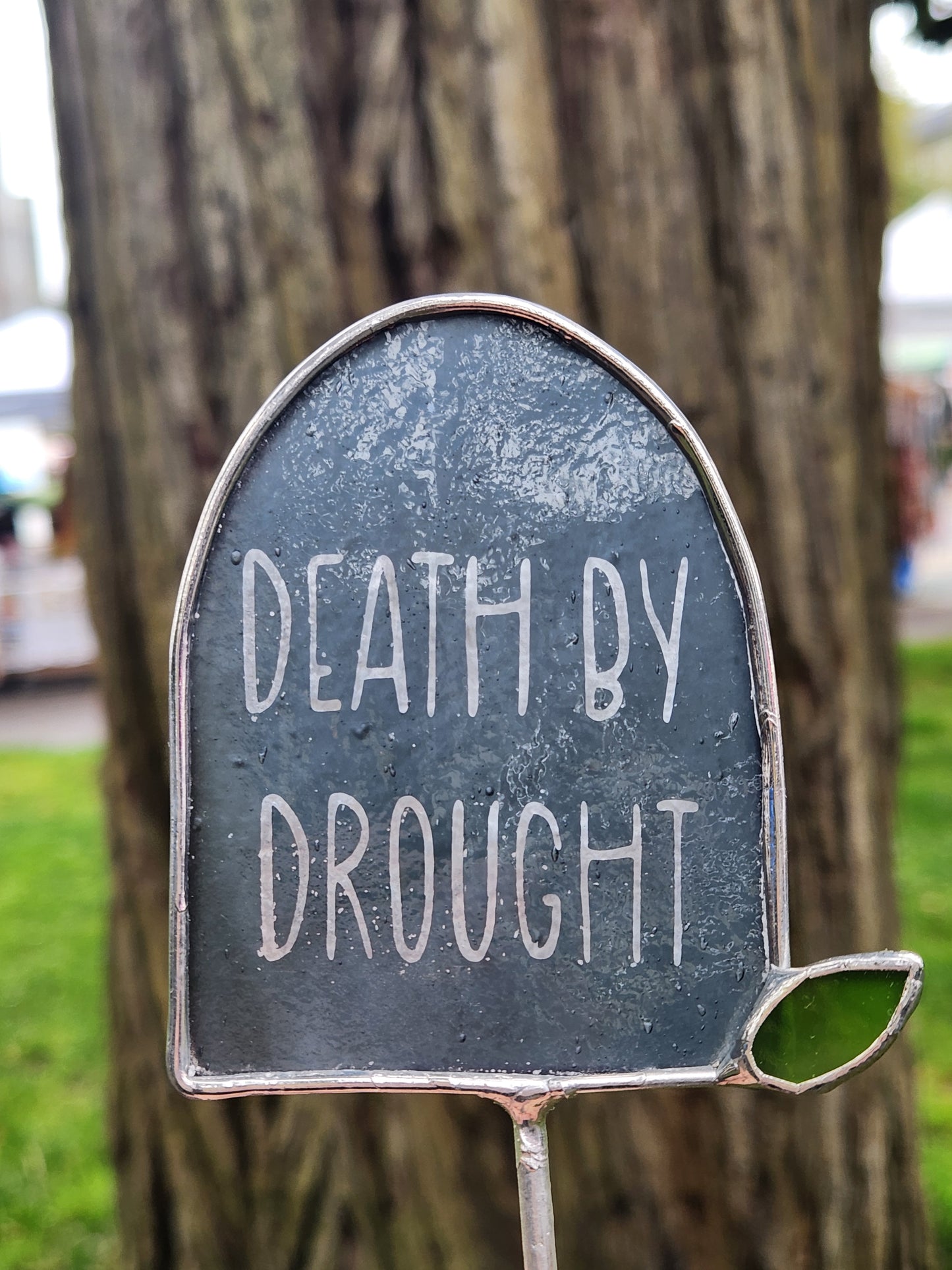 Gray "Death By Drought" Headstone Stained Glass Plant Stake