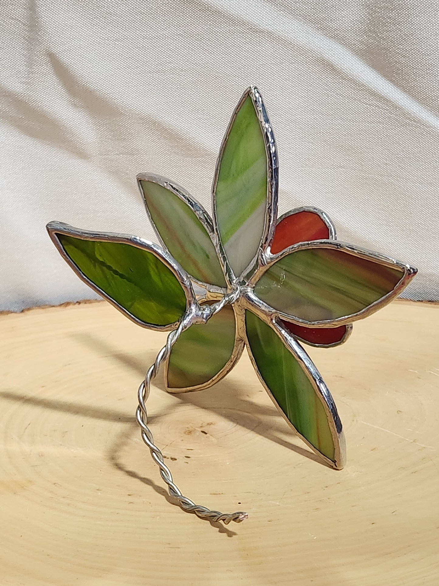 Green & Red Streaky Glass and Red & Orange Wispy Stained Glass Table Flower