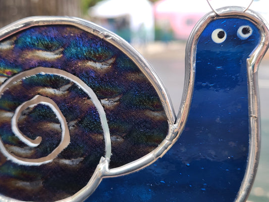 Cobalt Blue & Black Dichroic Snail Stained Glass Plant Stake