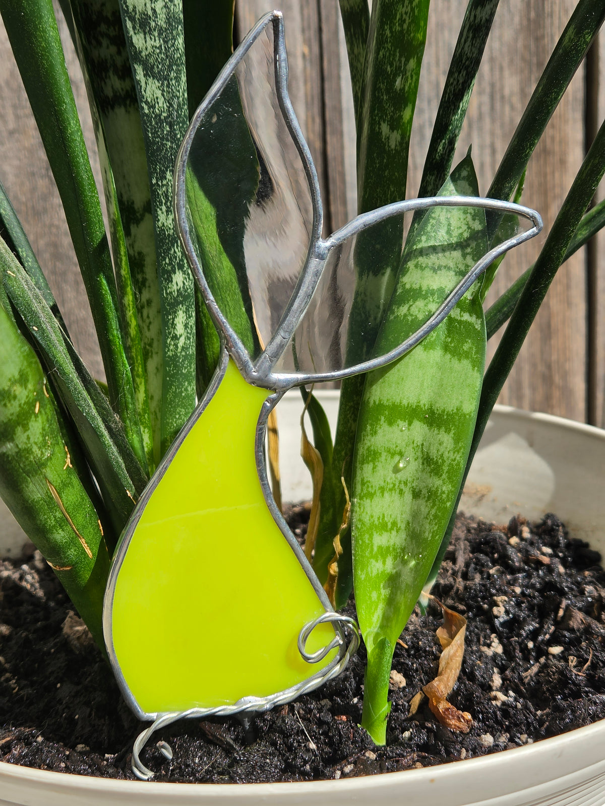 Neon Green & Iridescent Stained Glass Mermaid Tail Plant Stake