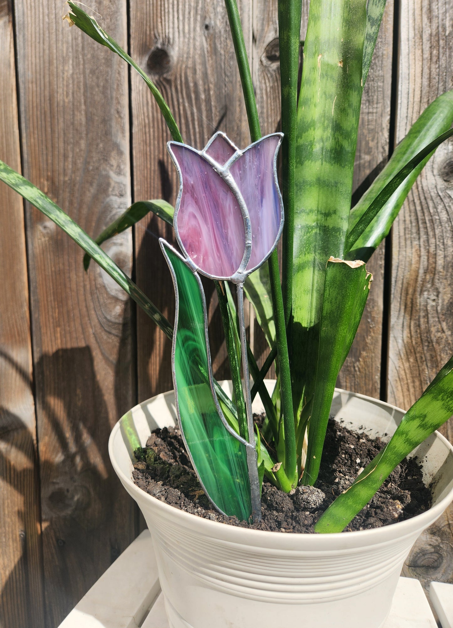 Pink-Purple Streaky Tulip with Green Streaky Leaf Stained Glass Plant Stake