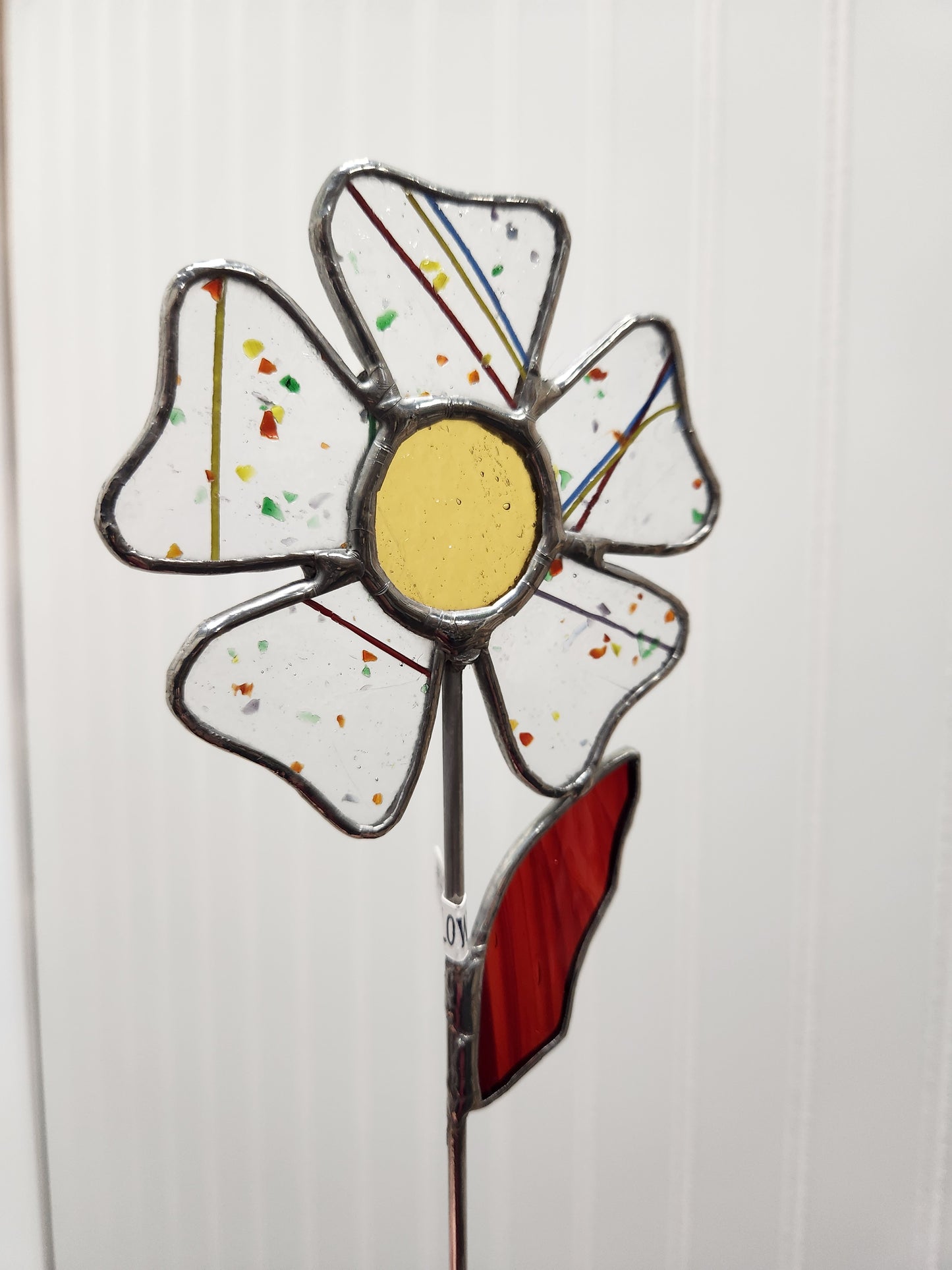 Confetti Stained Glass Wavy Flower Plant Stake with Vintage Amber Glass Center