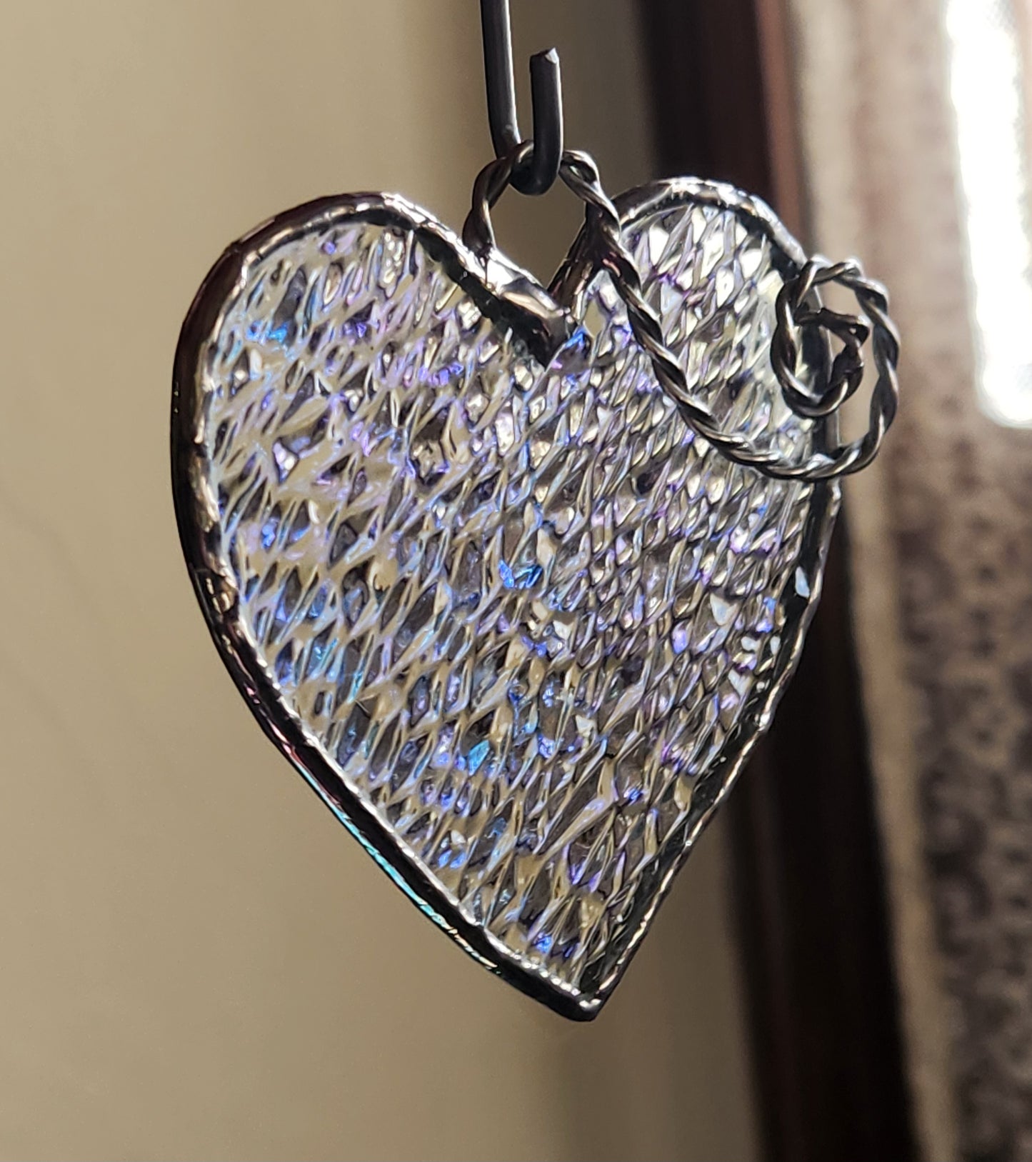 Rainbow Iridescent Textured Stained Glass Heart with Scroll Accent