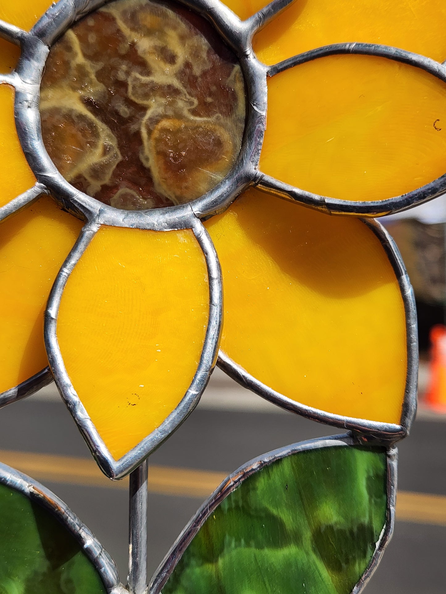 Orange-Yellow Stained Glass Sunflower Plant Stake with Brown Mottled Center