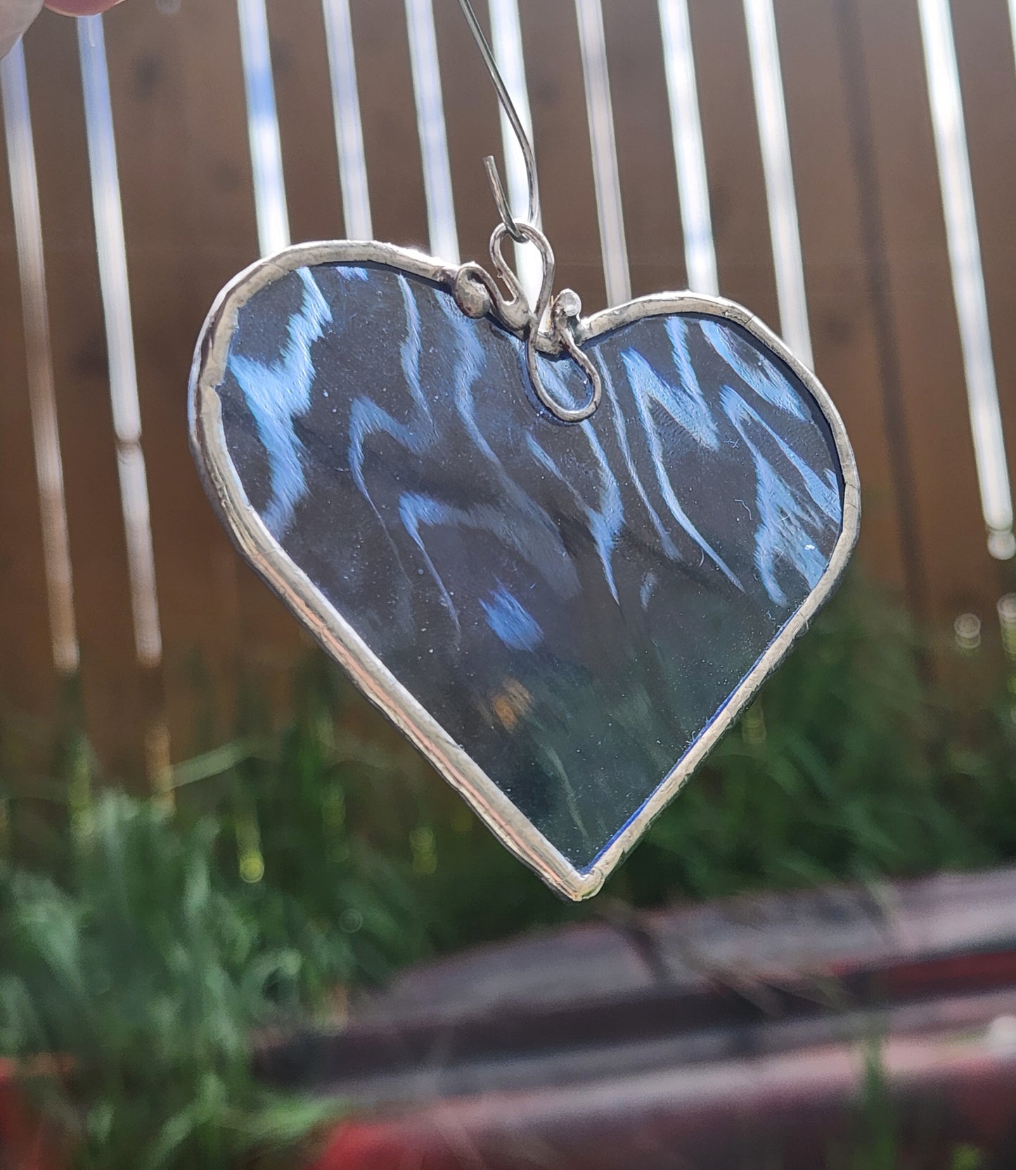 Blue Waterglass Stained Glass Heart with scroll hook