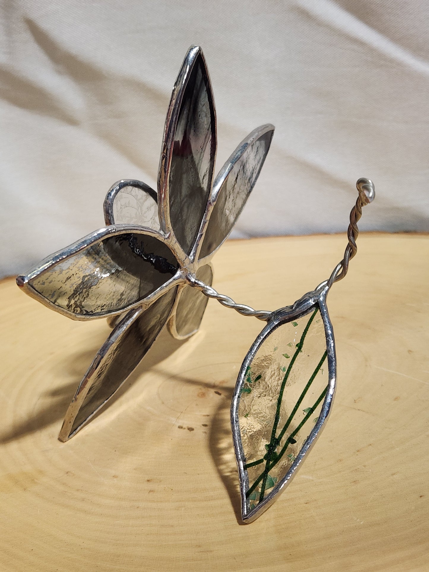 Black & Clear Streaky Textured Glass and Ice Flake Stained Glass Table Flower