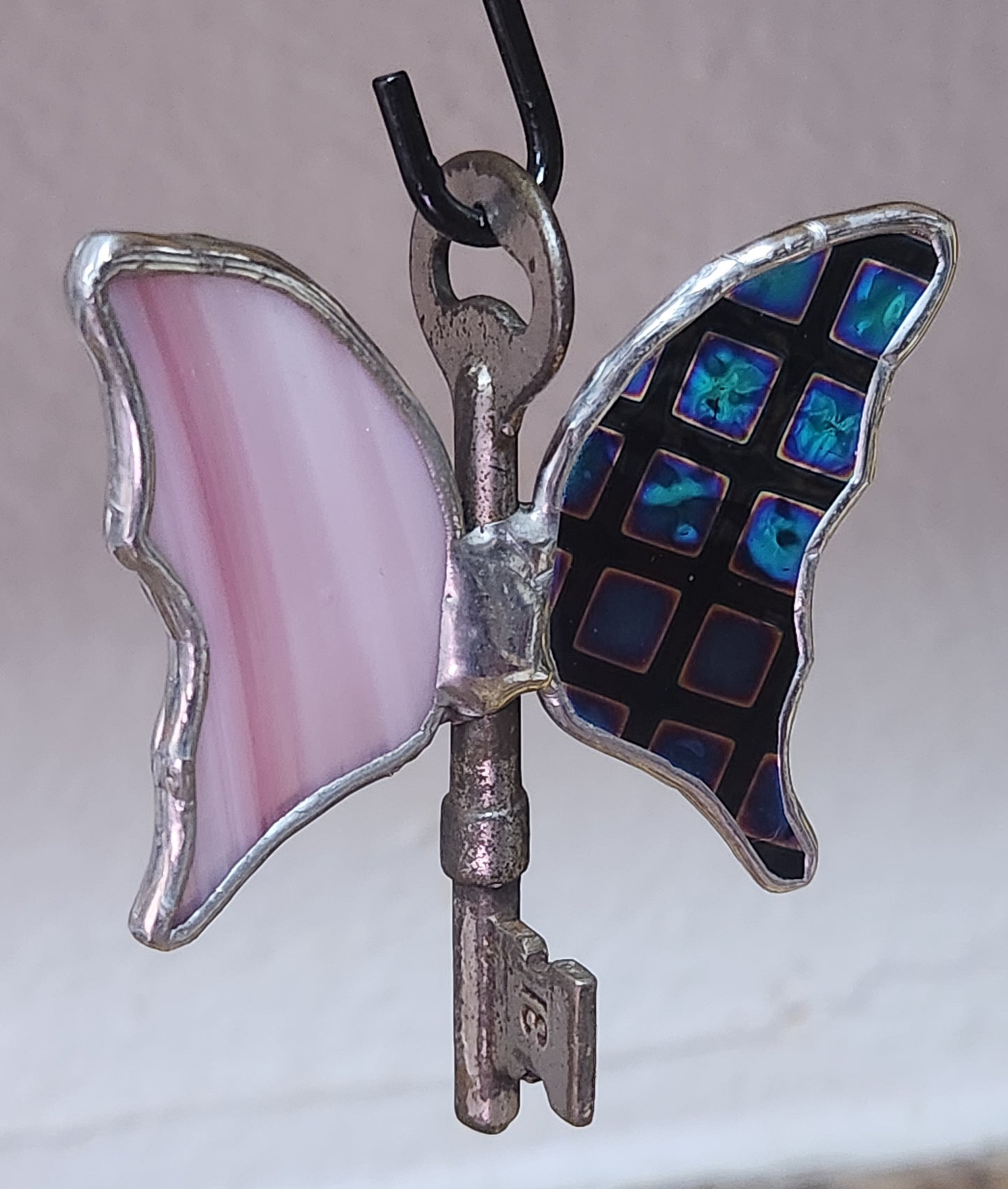 Pink Baroque & Black Dichroic Stained Glass Flying Key