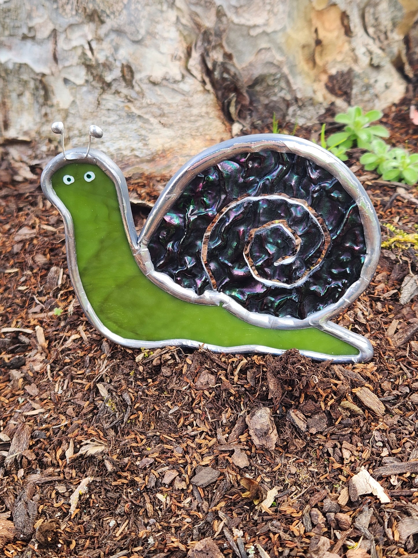 Dark Green & Black Iridescent Textured Stained Glass Snail Plant Stake