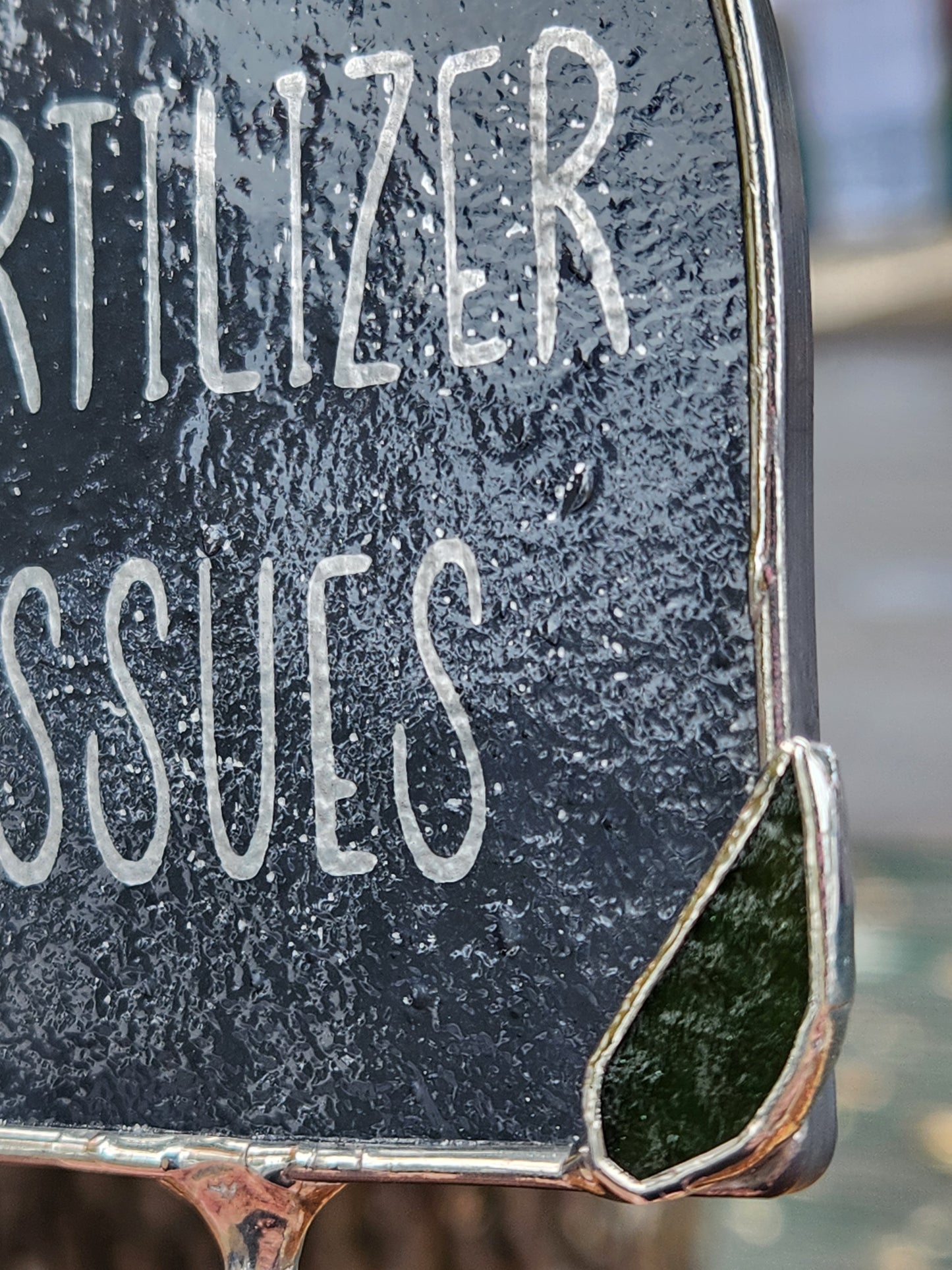 Gray "Fertilizer Issues" Headstone Stained Glass Plant Stake