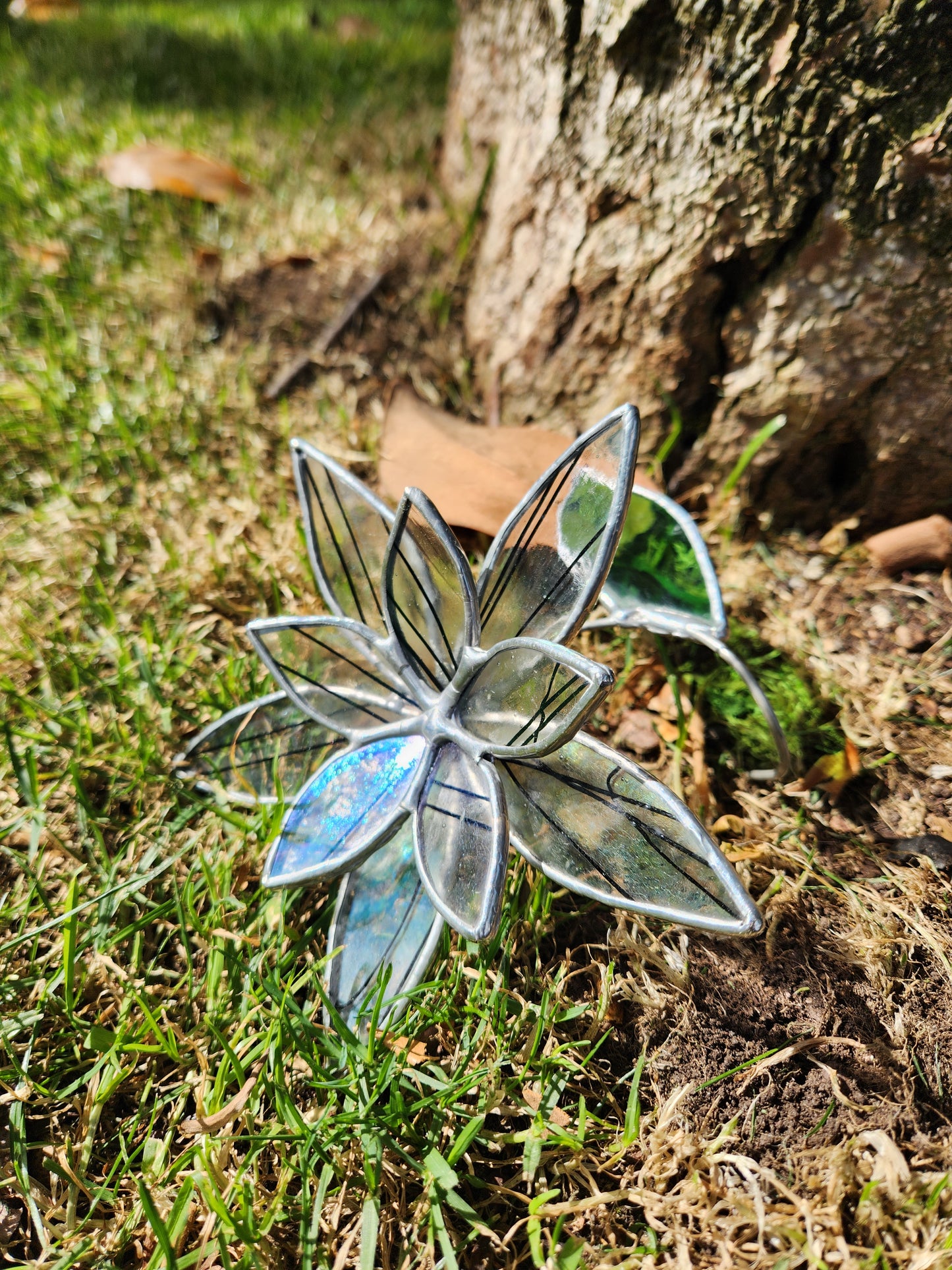 Iridescent Clear with Black Streamer Stained Glass Table Flower