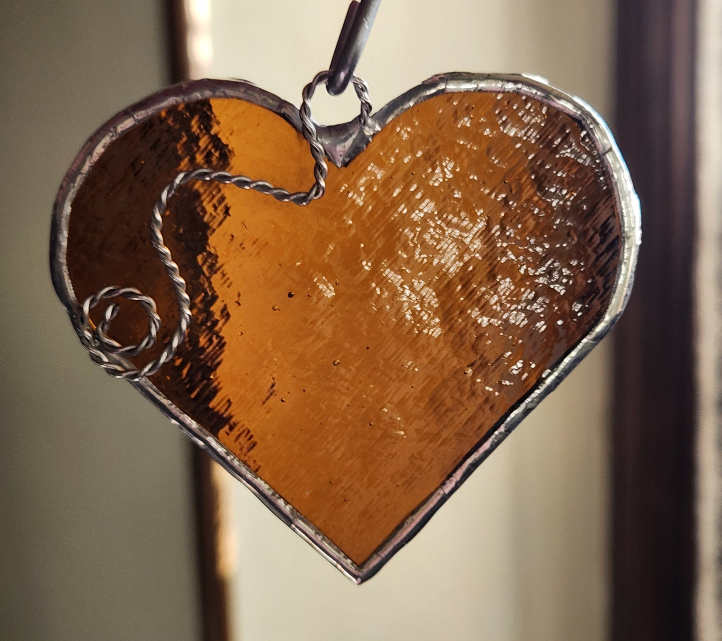 Antique Amber Stained Glass Heart with Scroll Accent