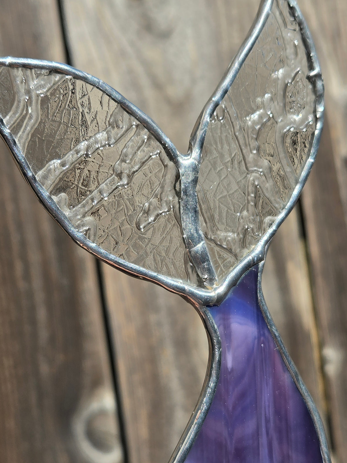 Purple Oil Slick & Clear Crackled Stained Glass Mermaid Tail Plant Stake