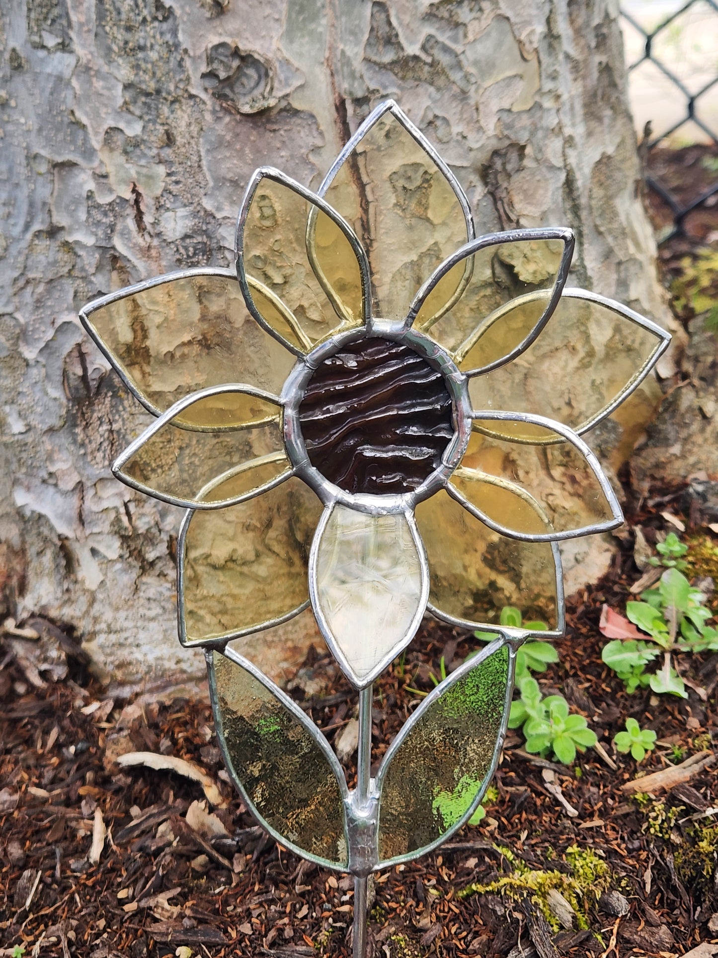 Antique Soft Yellow Stained Glass Sunflower Plant Stake with Texture Brown Center