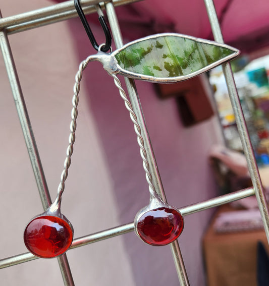 Cherries Made from Nugget Glass with Dark Green Mottled Stained Glass Leaf