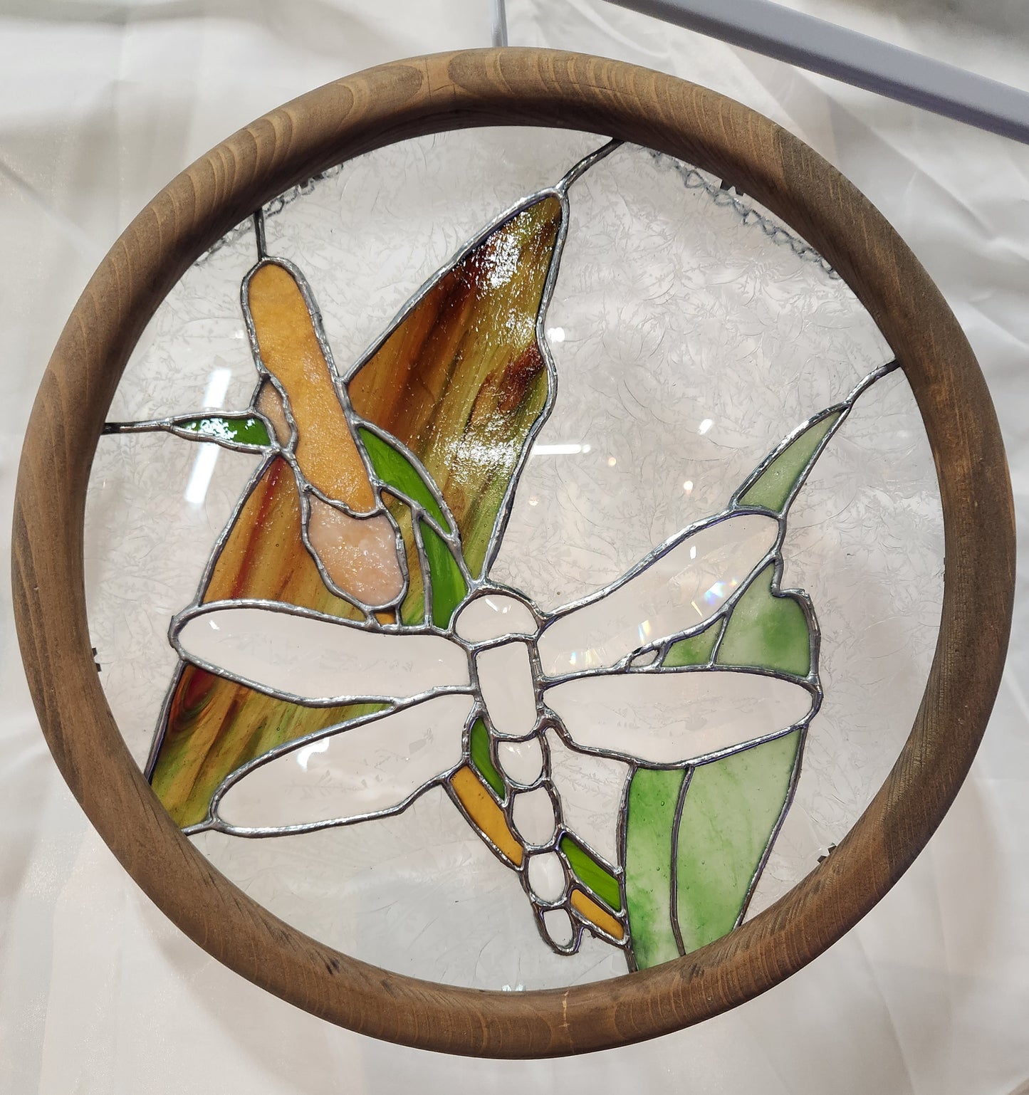 Dragonfly & Cattail Stained Glass Panel