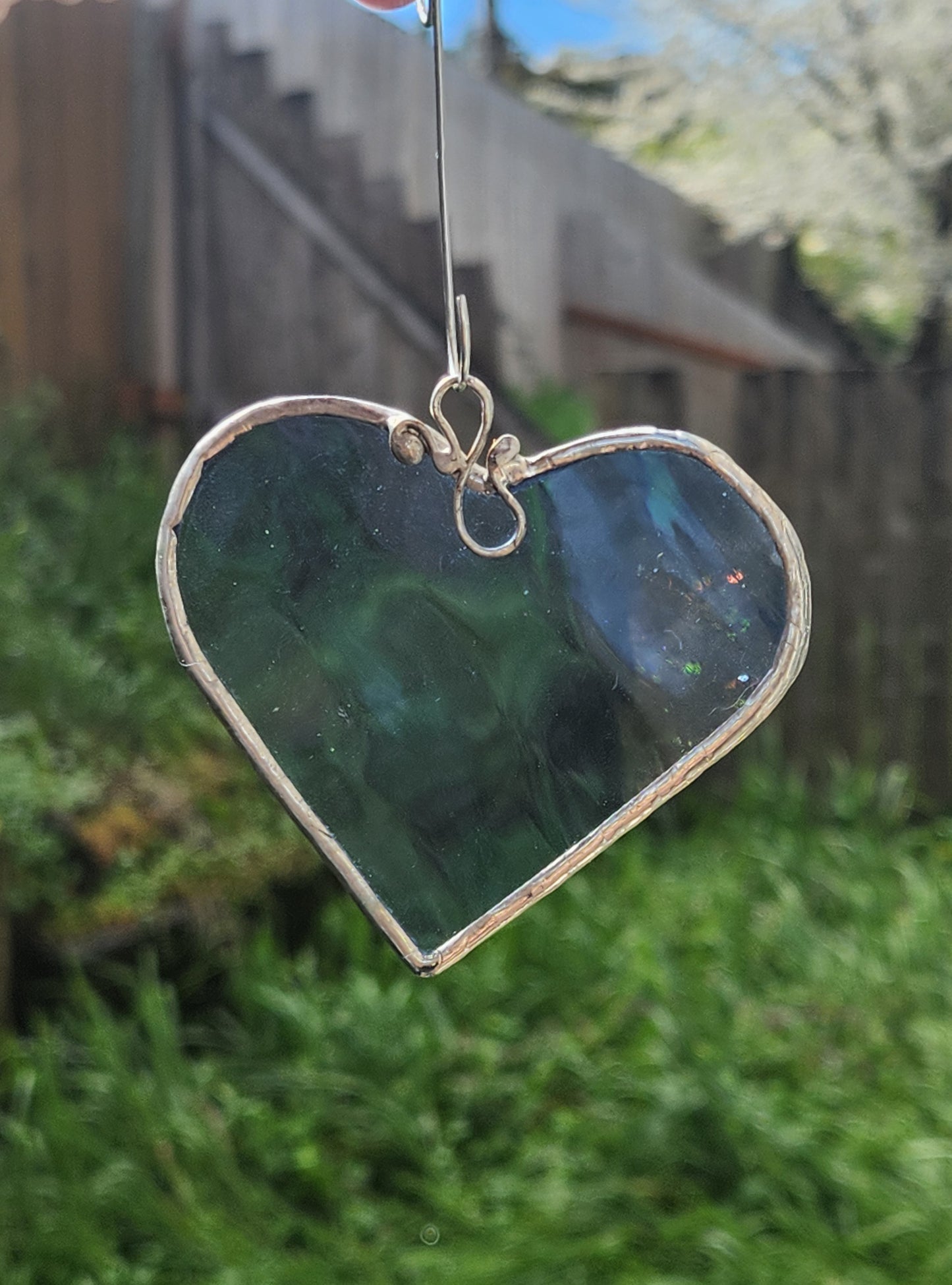 Blue Waterglass Stained Glass Heart with scroll hook
