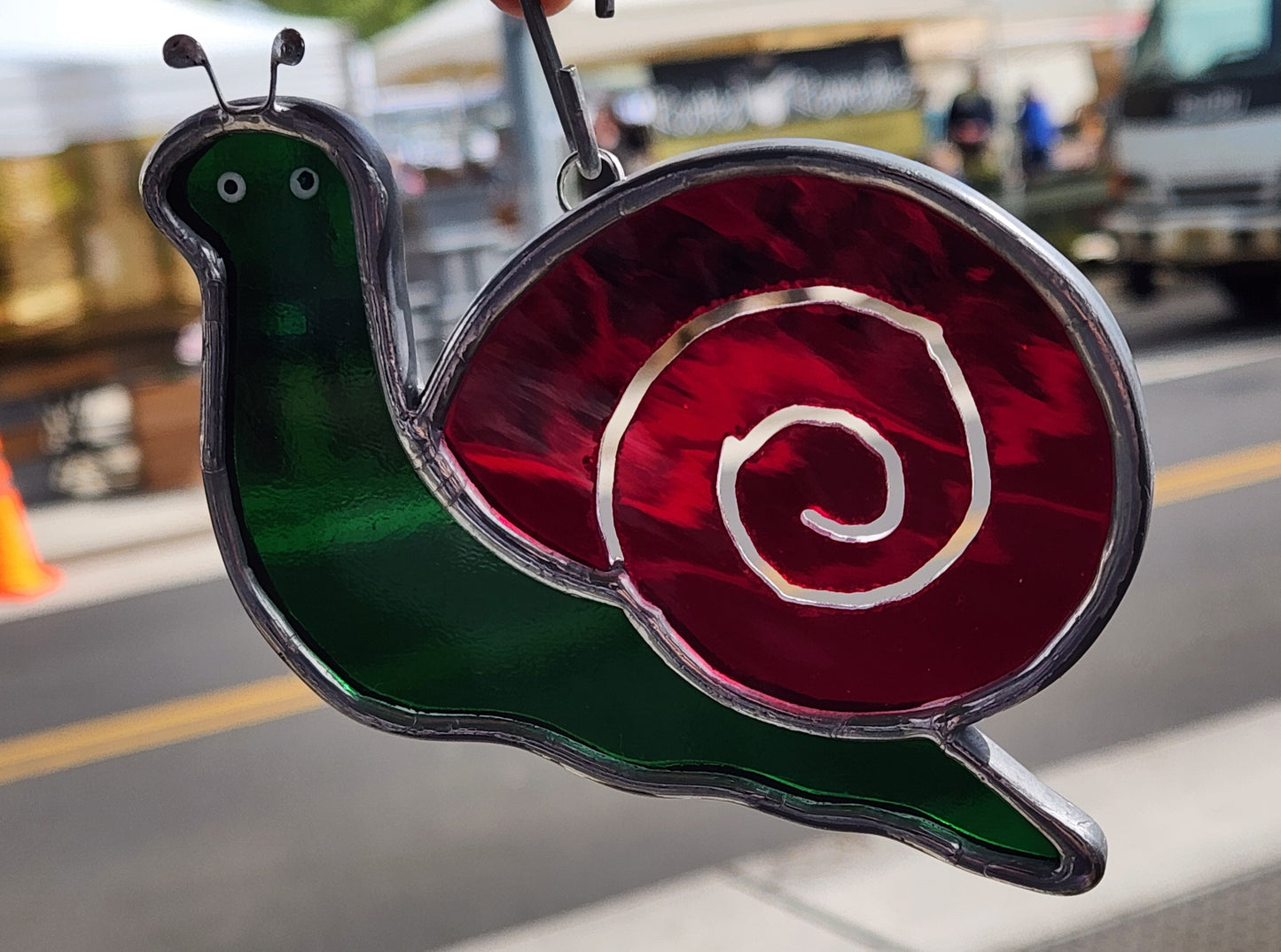 Green & Red Waterglass Stained Glass Hanging Snail
