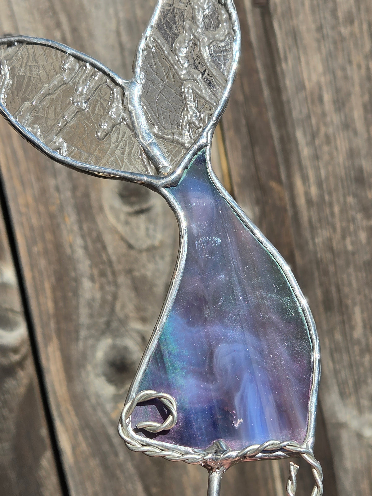 Purple Oil Slick & Clear Crackled Stained Glass Mermaid Tail Plant Stake