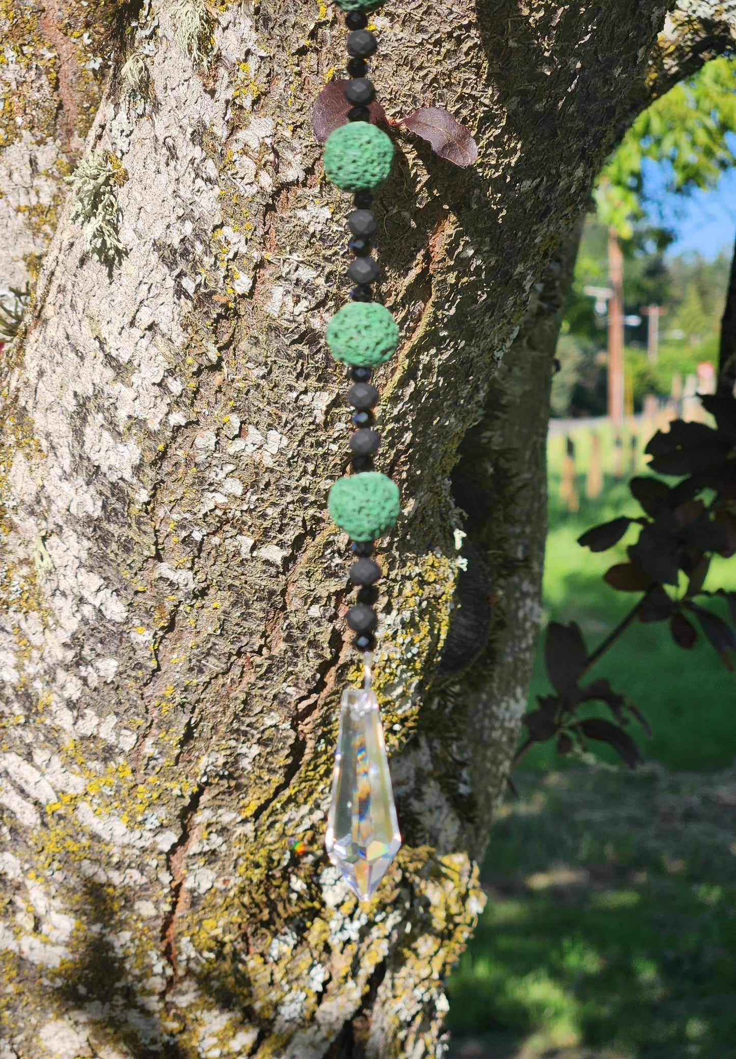 Green & Black Lava Rocks with Black Glass Beads Suncatcher